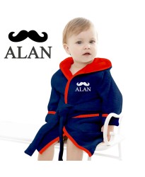 Baby and Toddler Cute Baby Mustache Design Embroidered Hooded Bathrobe in Contrast Color 100% Cotton